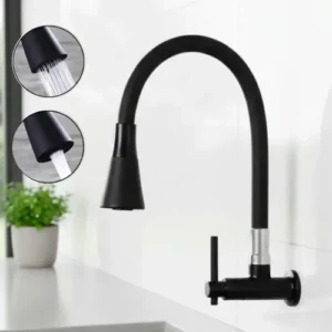 Torneira Para Cozinha Gourmet de Parede Preta Silicone Flexível Bica Móvel 2 Jatos Modelo Moderno para Pia Água Fria - Imagem 4