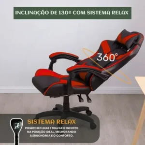 Cadeira Gamer Reclinável Ergonômica Com Apoio Para Pés e Cabeça de Couro Sintético Vermelho Sweet Studio - Imagem 4