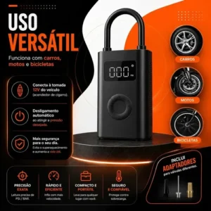 Mini Compressor Digital Hold On Bomba De Encher Pneus Portátil Para Carro Bicicleta Motocicletas Cor Preto Com Calibrador - Imagem 3