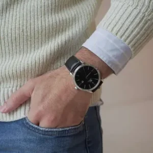 Relógio Masculino Chrowl Saint Germain Pulseira Couro Caixa Prateada Fundo Preto 42mm Clássico - Imagem 2