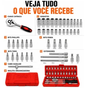 Maleta Jogo 46 Peças 1/4 Bits E Soquetes 414mm Compacto - Imagem 5