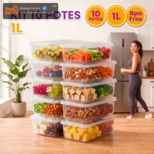 Kit 10 Potes 1 Litro Transparente Marmita Fitness Bpa Free Tampa Hermética Reutilizável Micro E Freezer ponte lar utilidades - Imagem 1
