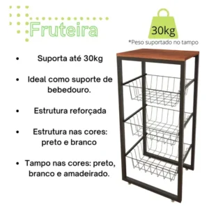 Fruteira de Chão com 3 Cestos e Base Amadeirada em Aço Preto - Imagem 3