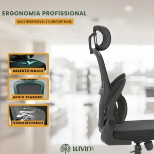 Cadeira Escritório Ergonômica Genebra B500 Luvinco Cor Preto Com Suporte Lombar Estofado Mesh - Imagem 3