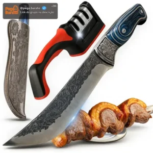 Kit Com Faca De Cozinha E Churrasco Artesanal Full Tang+ Bainha Couro Com Gravuras + Afiador Vermelho Abs Emborrachado Gourmet Premium Forjada A Mão Picanha Chef De Cozinha - Imagem 1