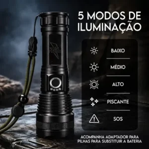 Lanterna Tática T9 Mais Forte Do Mundo LED CREE Recarregável USB Zoom Ajustável 5 Modos IPX4 Alumínio Luz Branca Camping Pesca Emergência Alcance Longo Foco Regulável Pro Power - Imagem 4