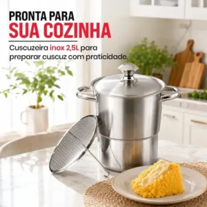 Panela Cuscuzeira Inox 16cm 2,5L Fogão Indução Gás Aço Inoxidável Cozedor A Vapor Para Cuscuz Nordestino Compatível Cooktop Elétrico Vitrocerâmico Fundo Triplo Utensílio Cozinha TOPHUS - Imagem 9