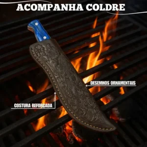 Kit Com Faca De Cozinha E Churrasco Artesanal Full Tang+ Bainha Couro Com Gravuras + Afiador Vermelho Abs Emborrachado Gourmet Premium Forjada A Mão Picanha Chef De Cozinha - Imagem 10