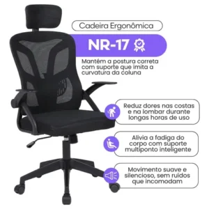 Cadeira De Escritorio Ergonomica Nr17 Glorious Marqs Home Giratoria Resistente Reforçada 180kg Confortavel Reuniao Mesh Preta - Imagem 4