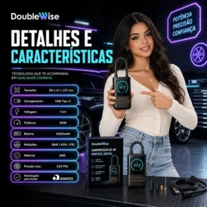 Compressor de Ar Portátil Digital Double Wise para Carro Moto Bike USB-C - Imagem 4