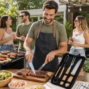 Kit Churrasco 3 Peças Inox Com Estojo Faca Garfo Pegador - Imagem 4