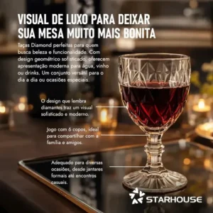 Kit 6 Taças Diamond 330ml Transparente Luxo Vidro Copo Diamante Cristal Suco Agua vinho - Star House - Imagem 6