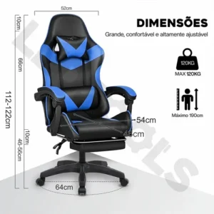 Cadeira Escritório Gamer Ergonômica Reclinável Com Apoio dos Pés Em Couro Azul - Imagem 8