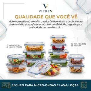 Kit 10 Pote De Vidro Marmita Hermético 640ml Freezer Fitness Vitrex - Imagem 6
