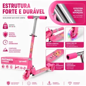 Patinete 3 Rodas Infantil Menina Rosa Dobrável Ajustável Led - Imagem 8