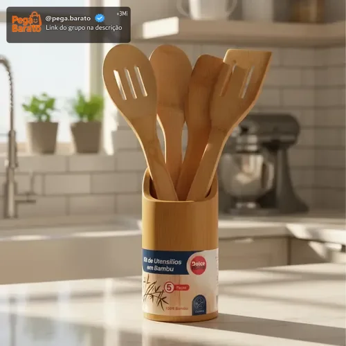 Kit De Utensílios Bambu 5 Peças Pau Colher Garfo Espátulas