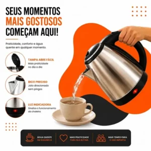 Chaleira Jarra Elétrica 1,8l Litros Em Inox Desligamento Automático Aquecimento Rápido Segura Café Chá Fácil Abertura Alça Viacruz - Imagem 4