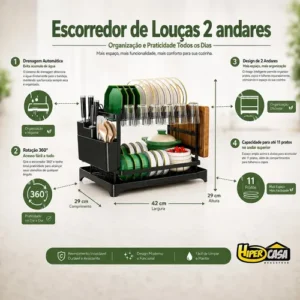 Escorredor De Louça Inoxidável 2 Andares Drenagem Automática - Imagem 6