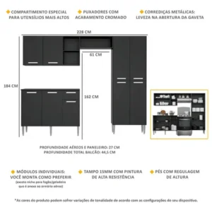 Armário de Cozinha Compacta Pequim UP Multimóveis com Balcão - Preto - Imagem 4