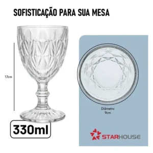 Kit 6 Taças Diamond 330ml Transparente Luxo Vidro Copo Diamante Cristal Suco Agua vinho - Star House - Imagem 3