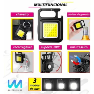Kit 2x Mini Lanterna Refletor Led Potente 3 Modos De Luz Multifuncional Chaveiro Abridor De Garrafas Pesca Acampamento Trilhas Recarregável Usb Com Imã Wmix Eletrônicos - Imagem 3