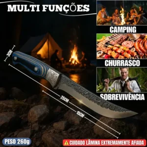 Kit Com Faca De Cozinha E Churrasco Artesanal Full Tang+ Bainha Couro Com Gravuras + Afiador Vermelho Abs Emborrachado Gourmet Premium Forjada A Mão Picanha Chef De Cozinha - Imagem 9