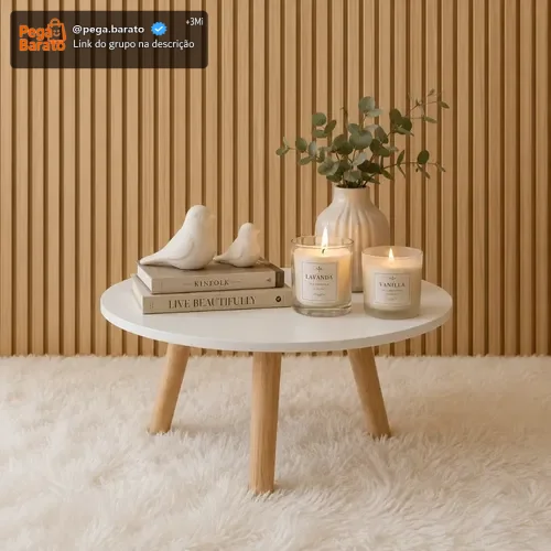 Mesa De Centro Redonda Compacta Branca Mdf Pés De Pinus