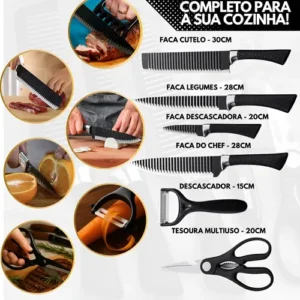 Jogo De Facas Inóx Conjunto 8 Peças Kit Cozinha Churrasco Premium + tábua AQUATTRO - Imagem 4