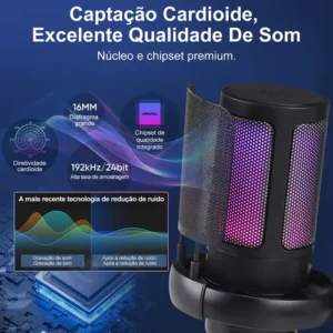 Microfone Condensador USB Cardioide RGB para Gravação e Jogos Preto - Imagem 2