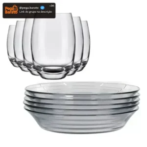 Jogo De 6 Pratos E 6 Copos Vidro Elegante Buffet Restaurante - Imagem 1