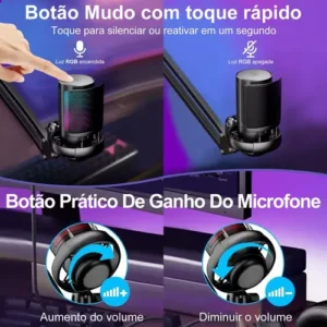 Microfone Condensador USB Cardioide RGB para Gravação e Jogos Preto - Imagem 7
