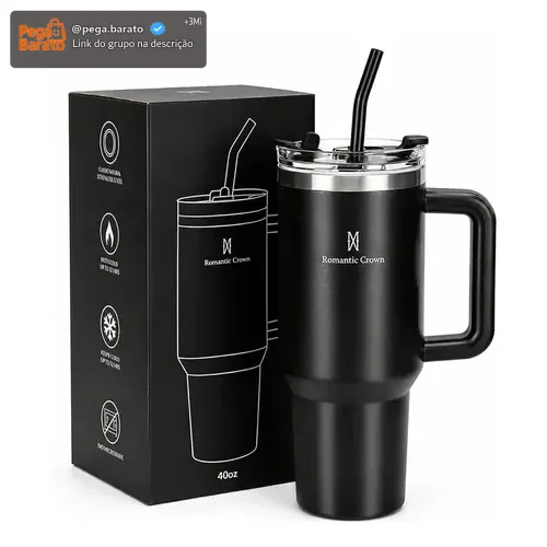 Copo Térmico Gigante 1,2l Inox Com Tampa E Inox Canudo Cor Preto Cor Pura / Material Fosco