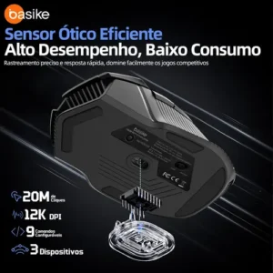 BASIKE mouse gamer sem fio RGB Mouse Recarregável Mouse, Mouse Tri-Modes BT5.1/Tipo C com fio/Sem fio 2.4G - Sensor 30G - 12.800 DPI - 96g Leve 9 ComandosAjustávels Up to 260h Battery Life for PC/Mac - Imagem 7