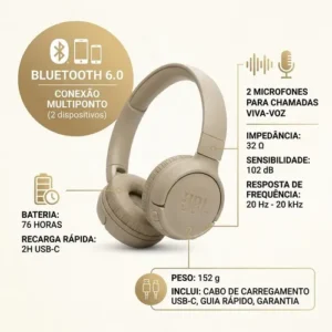 Fone De Ouvido Bluetooth Sem Fio Tune 530BT Bege JBL - Imagem 2