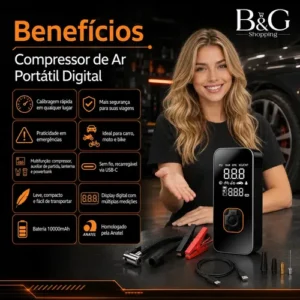 Auxiliar de Partida de Bateria Veicular Portátil Com Compressor de Ar Para Carro e Moto - Imagem 3