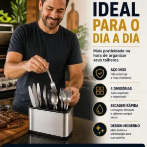 Porta-Talheres de Aço Inox com 4 Divisórias para Utensilios de Cozinha - Imagem 10