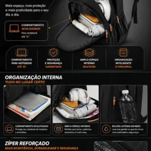 Mochila Grande Masculina Reforçada Notebook Preta Escolar - Imagem 10