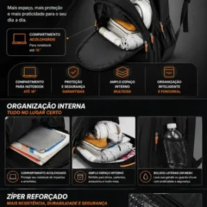 Mochila Grande Masculina Reforçada Notebook Preta Escolar - Imagem 10