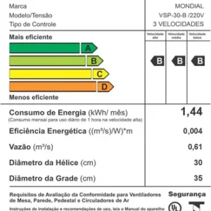 Ventilador de Mesa 30cm Super Power Mondial 60W VSP-30-B - Imagem 9