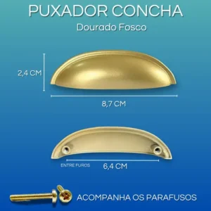 Kit 8 Puxador De Gavetas Armário Móveis Concha Dourado Fosco - Imagem 5