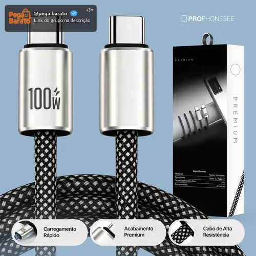 Cabo Usb Tipo C Turbo Compatível Com Iphone Apple Samsung Android Xiaomi Mi Motorola Playstation Ps5 USBC 100W Longo Carregador 2 Metros Dados Celular Controle Turbo Duas Pontas Duplo Rápido Nylon