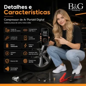 Auxiliar de Partida de Bateria Veicular Portátil Com Compressor de Ar Para Carro e Moto - Imagem 5