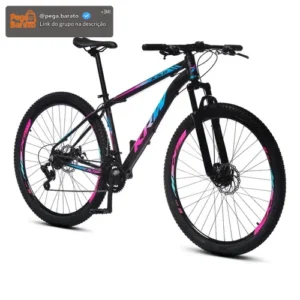 Bicicleta Bike Aro 29 Krw Mountain Bike Câmbio Shimano Tz 21 Velocidades Freio A Disco Suspensão Dianteira Sh21 Cor: Preto/Rosa e Azul Tamanho do Quadro: 21 - Imagem 1