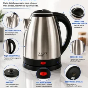 Chaleira Jarra Elétrica 1,8L Litros Em Inox Desligamento Automático Aquecimento Rápido Segura Café Chá Fácil Abertura Tampa Alça Ergométrica - Imagem 5