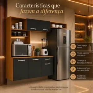 Kit Armário Cozinha Suspensa Aramóveis Compacta 5 Portas 1 Gaveta Nanda Cor Cinamomo Grafite - Imagem 4
