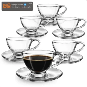 Jogo 6 Xícaras Chá Café Com Pires De Vidro Transparente - Imagem 1