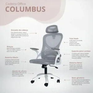 Cadeira De Escritório Columbus Presidente Ergonomica Cinza Mesh - Imagem 3