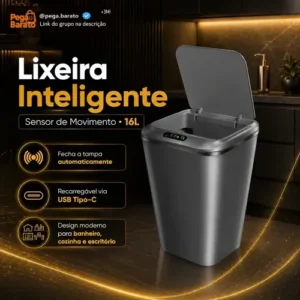 Lixeira Inteligente Automática Cinza Universal Com Sensor Hearbuds Recarregável Anti Odor 16L - Imagem 1