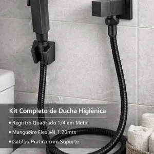 Ducha Higiênica Quadrada Luxo Metal Chuveirinho de Banheiro 1.20 mts Preto Completa ¼ Volta - Imagem 6