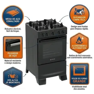 Fogão 4 Bocas Atlas Mônaco Lustro Automático Mesa De Aço Esmaltado Preto - Imagem 3